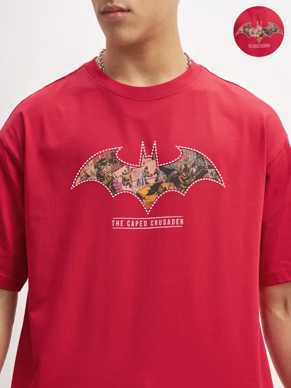 DC By Highlander Men Red Batman Printed Round Neck T-Shirt