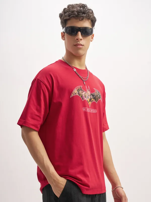 DC By Highlander Men Red Batman Printed Round Neck T-Shirt
