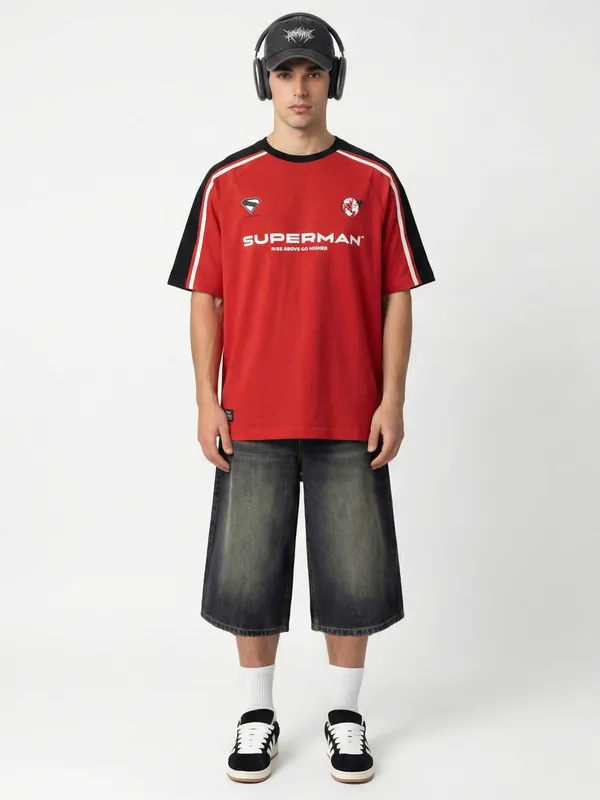 DC By Highlander Men Red Superman Printed Round Neck T-Shirt