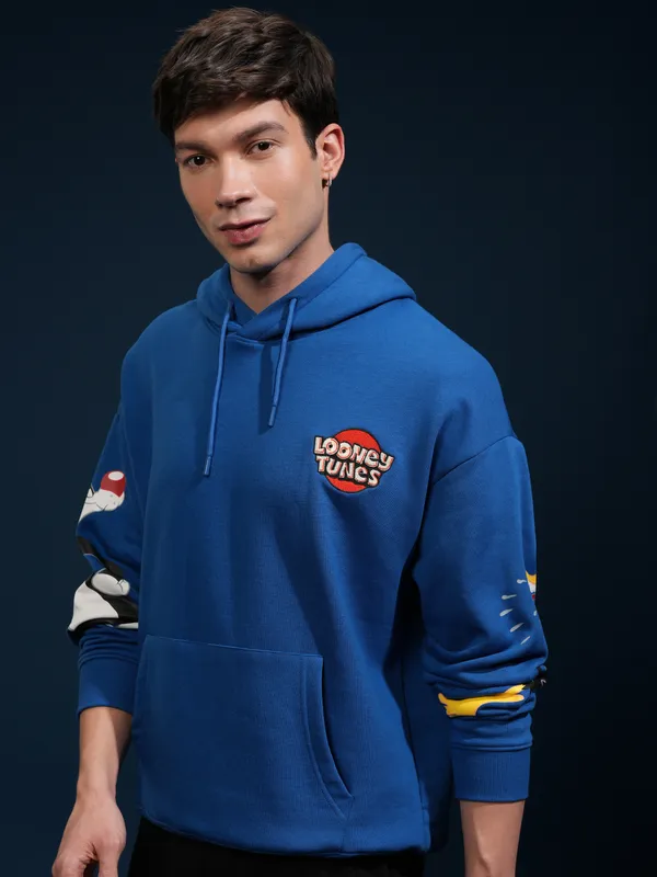 WB By Highlander Men Blue Looney Tunes Hood Pullover Oversized Fit Sweatshirt