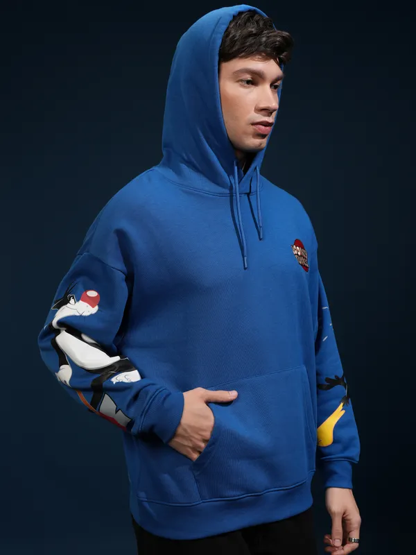 WB By Highlander Men Blue Looney Tunes Hood Pullover Oversized Fit Sweatshirt