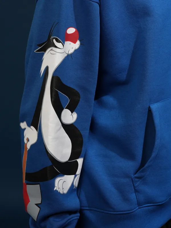 WB By Highlander Men Blue Looney Tunes Hood Pullover Oversized Fit Sweatshirt
