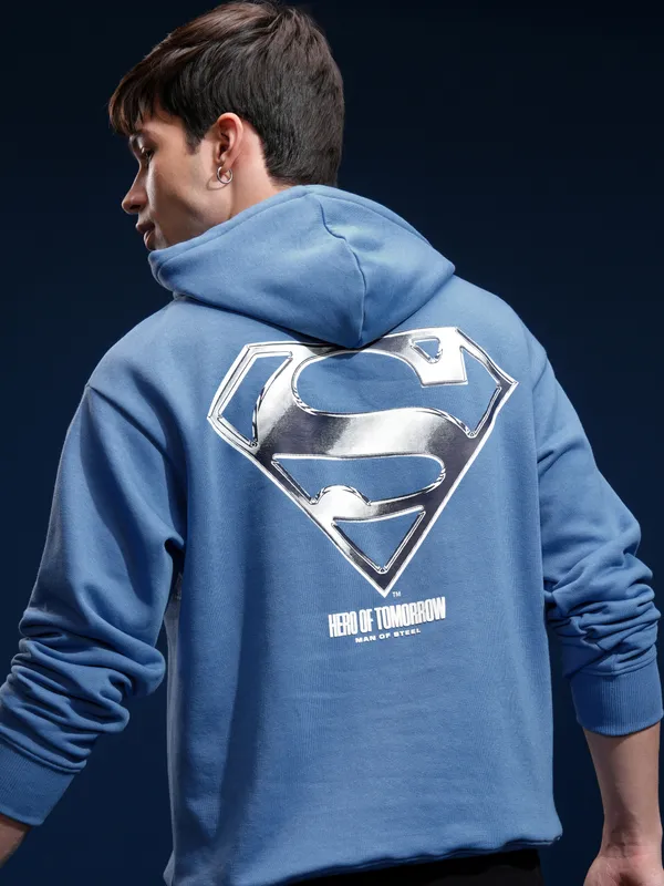 DC Comics By Highlander Men Blue Superman Hood Pullover Oversized Fit Sweatshirt