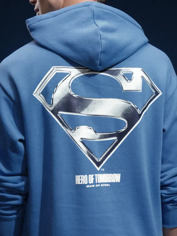 DC Comics By Highlander Men Blue Superman Hood Pullover Oversized Fit Sweatshirt