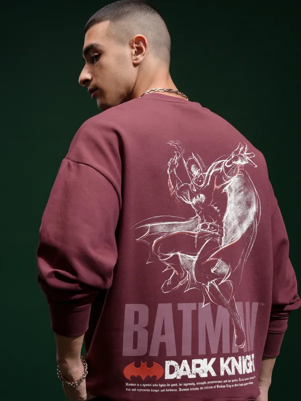 DC Comics By Highlander Men Maroon Batman Round Neck Pullover Sweatshirt