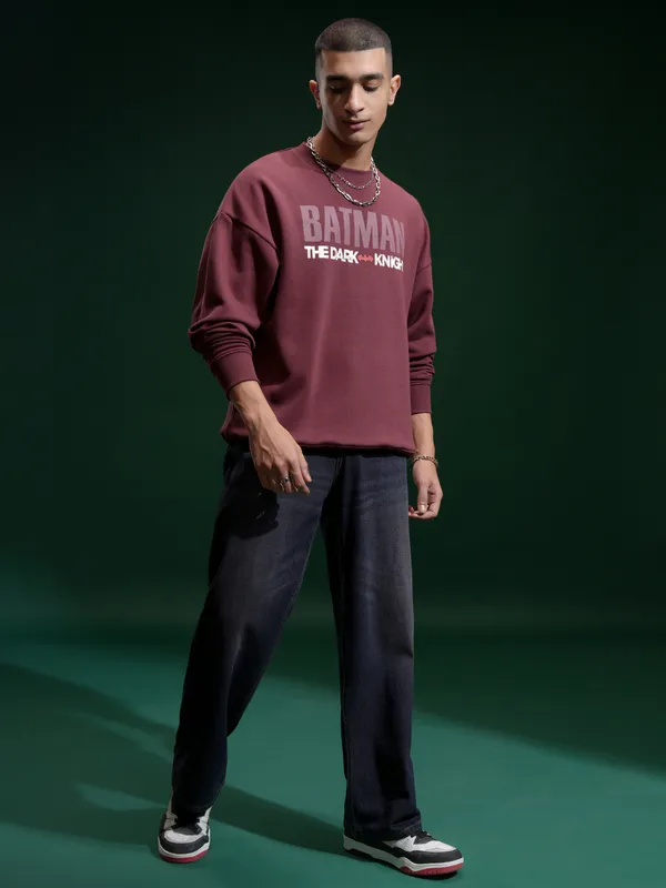 DC Comics By Highlander Men Maroon Batman Round Neck Pullover Sweatshirt
