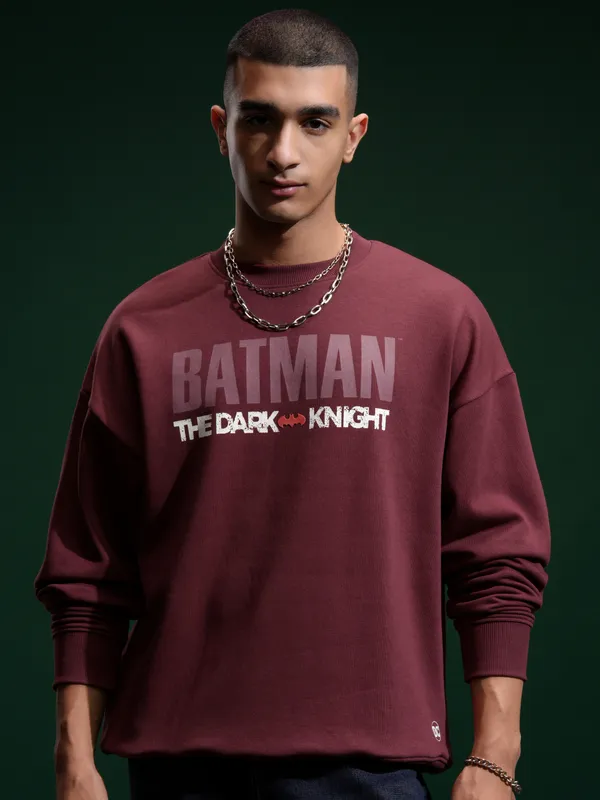 DC Comics By Highlander Men Maroon Batman Round Neck Pullover Sweatshirt