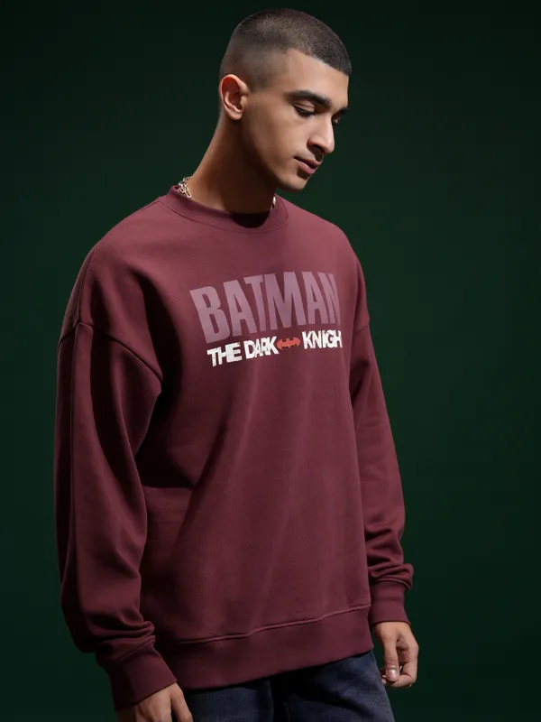 DC Comics By Highlander Men Maroon Batman Round Neck Pullover Sweatshirt