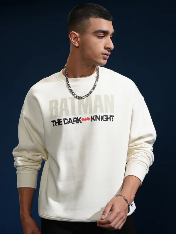 DC Comics By Highlander Men White Batman Round Neck Pullover Sweatshirt