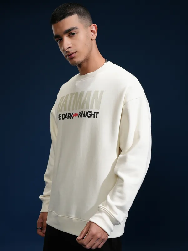 DC Comics By Highlander Men White Batman Round Neck Pullover Sweatshirt