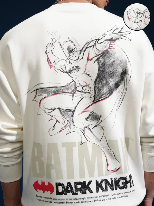 DC Comics By Highlander Men White Batman Round Neck Pullover Sweatshirt