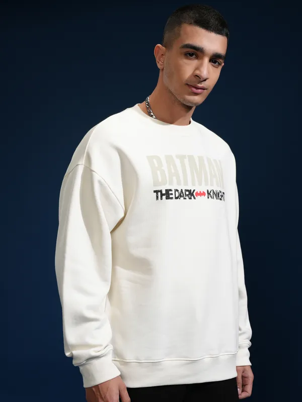 DC Comics By Highlander Men White Batman Round Neck Pullover Sweatshirt