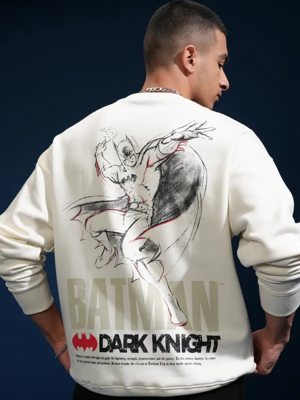 DC By Highlander Men White Batman Round Neck Pullover Sweatshirt