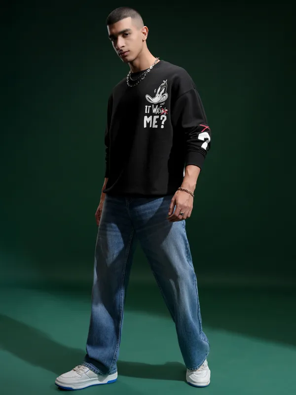 WB By Highlander Men Black Daffy Duck Round Neck Pullover Sweatshirt