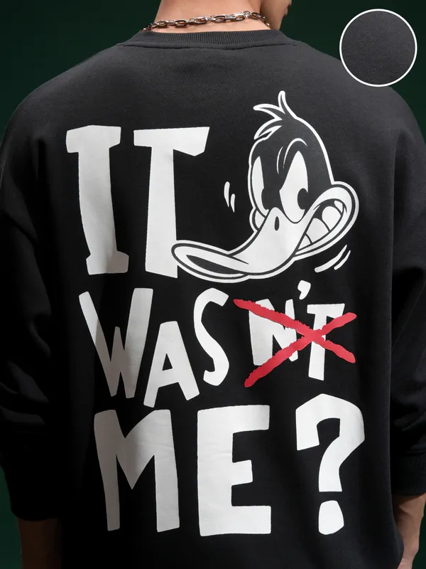 WB By Highlander Men Black Daffy Duck Round Neck Pullover Sweatshirt