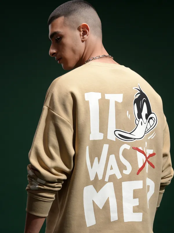 WB By Highlander Men Brown Daffy Duck Round Neck Pullover Sweatshirt