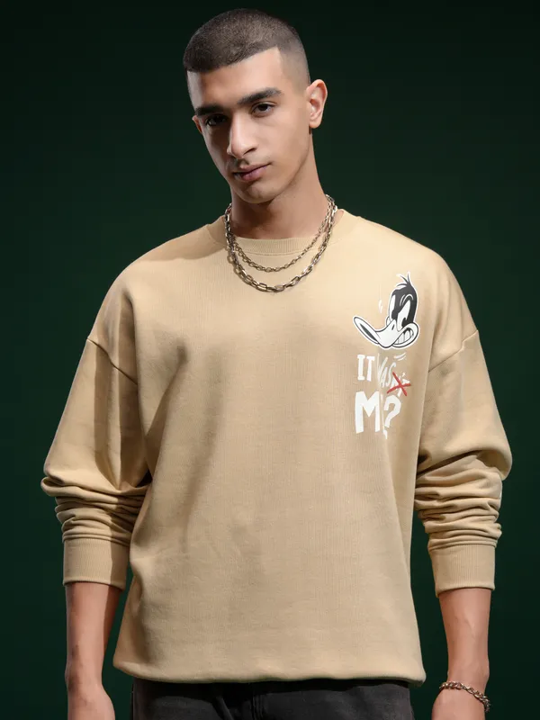 WB By Highlander Men Brown Daffy Duck Round Neck Pullover Sweatshirt