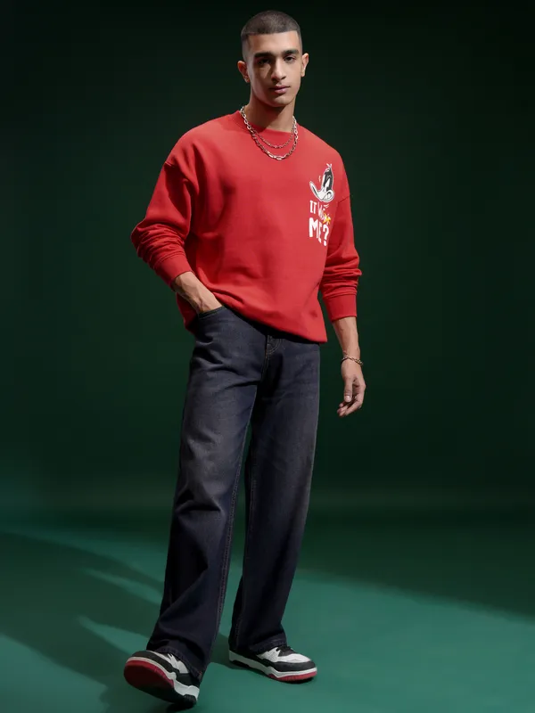 WB By Highlander Men Red Daffy Duck Round Neck Pullover Sweatshirt