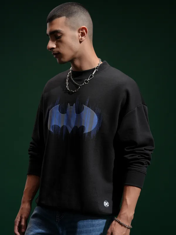 DC Comics By Highlander Men Black Batman Round Neck Pullover Sweatshirt