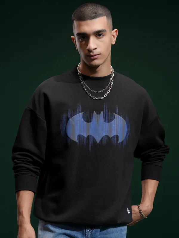 DC By Highlander Men Black Batman Round Neck Pullover Sweatshirt