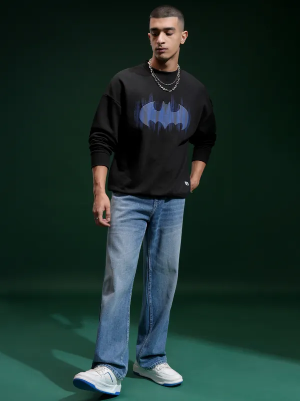 DC By Highlander Men Black Batman Round Neck Pullover Sweatshirt