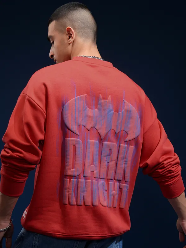 DC Comics By Highlander Men Red Batman Round Neck Oversized Fit Sweatshirt