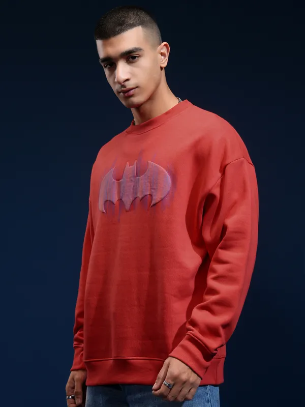 DC Comics By Highlander Men Red Batman Round Neck Oversized Fit Sweatshirt