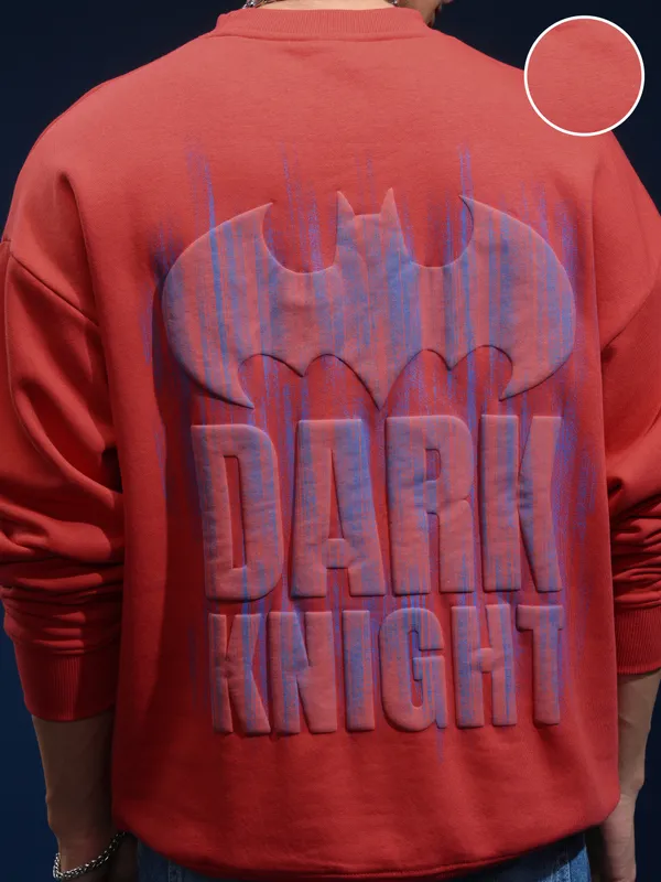 DC Comics By Highlander Men Red Batman Round Neck Oversized Fit Sweatshirt