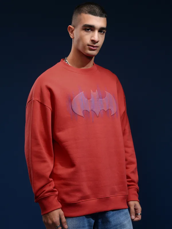 DC Comics By Highlander Men Red Batman Round Neck Oversized Fit Sweatshirt