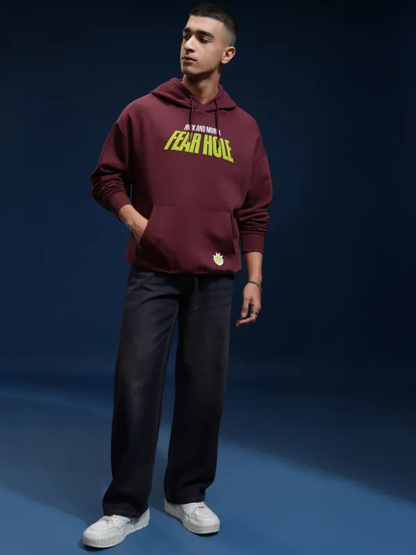 WB By Highlander Men Maroon Rick And Morty Hooded Pullover Sweatshirt