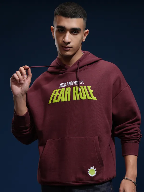WB By Highlander Men Maroon Rick And Morty Hooded Pullover Sweatshirt