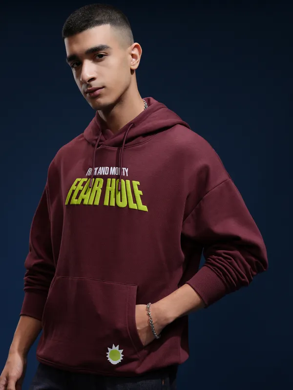 WB By Highlander Men Maroon Rick And Morty Hooded Pullover Sweatshirt