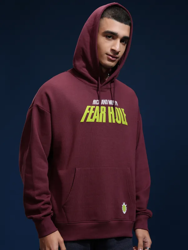 WB By Highlander Men Maroon Rick And Morty Hooded Pullover Sweatshirt