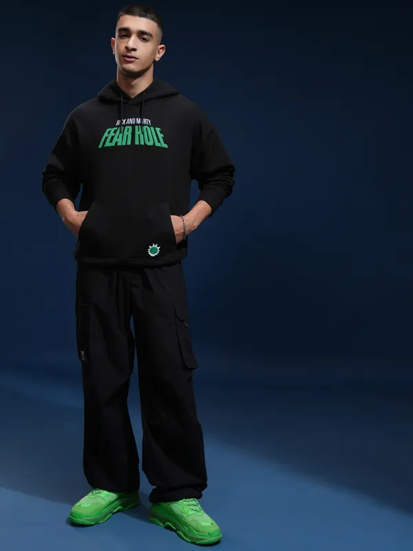 WB By Highlander Men Black Rick And Morty Hood Pullover Oversized Fit Sweatshirt