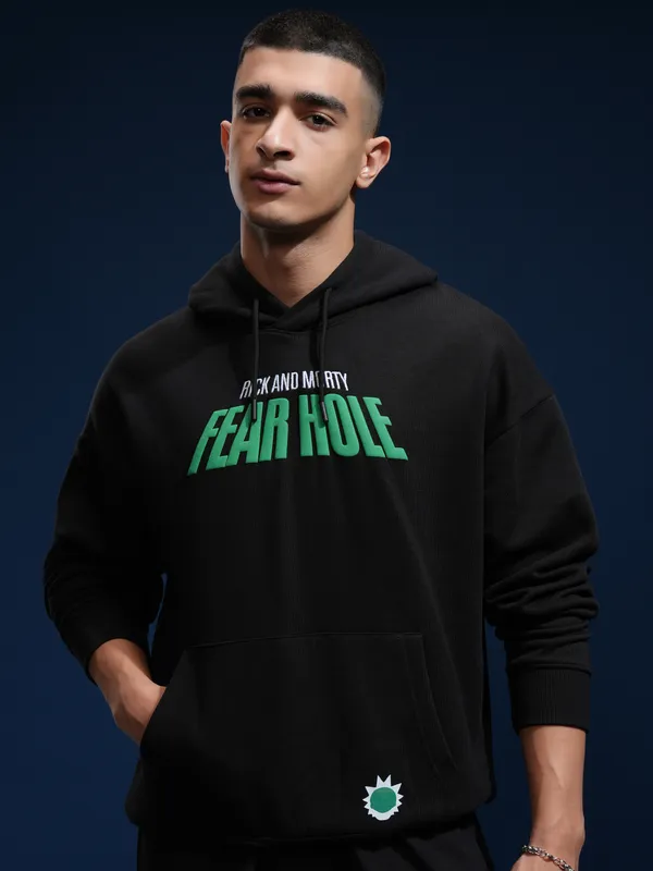 WB By Highlander Men Black Rick And Morty Hood Pullover Oversized Fit Sweatshirt