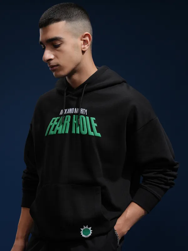 WB By Highlander Men Black Rick And Morty Hood Pullover Oversized Fit Sweatshirt