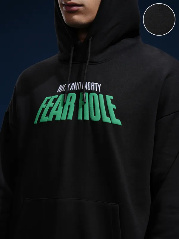 WB By Highlander Men Black Rick And Morty Hood Pullover Oversized Fit Sweatshirt