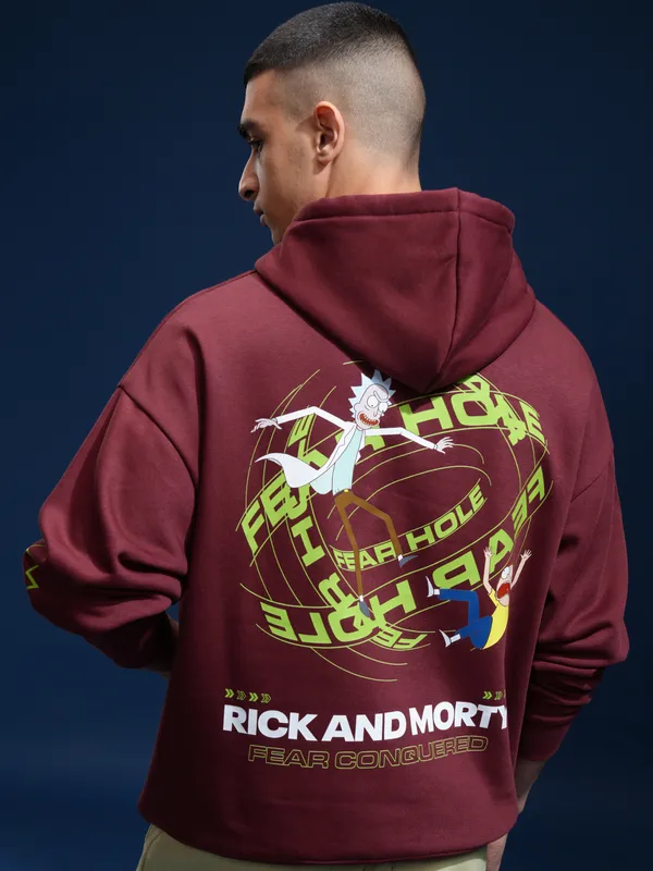 WB By Highlander Men Maroon Rick And Morty Hooded Pullover Sweatshirt