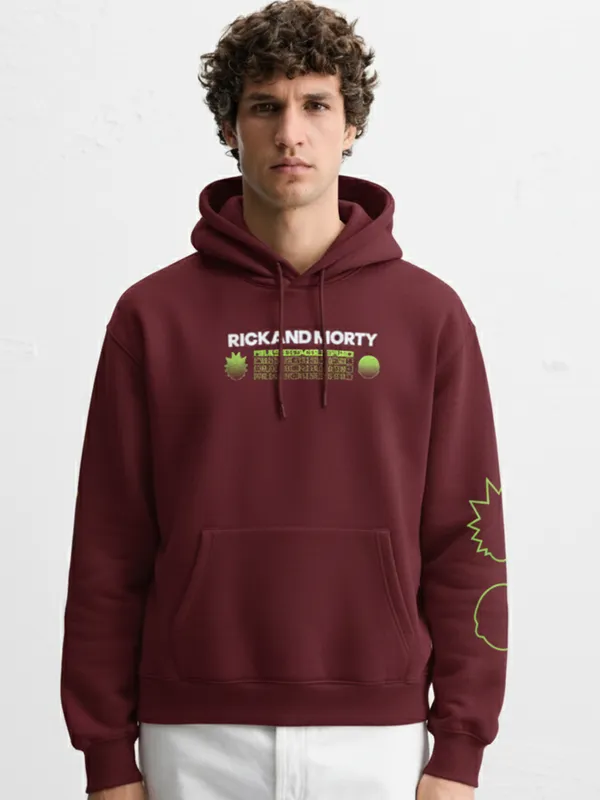 WB By Highlander Men Maroon Rick And Morty Hooded Pullover Sweatshirt
