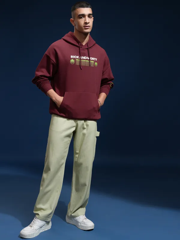 WB By Highlander Men Maroon Rick And Morty Hooded Pullover Sweatshirt