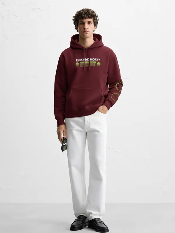WB By Highlander Men Maroon Rick And Morty Hooded Pullover Sweatshirt