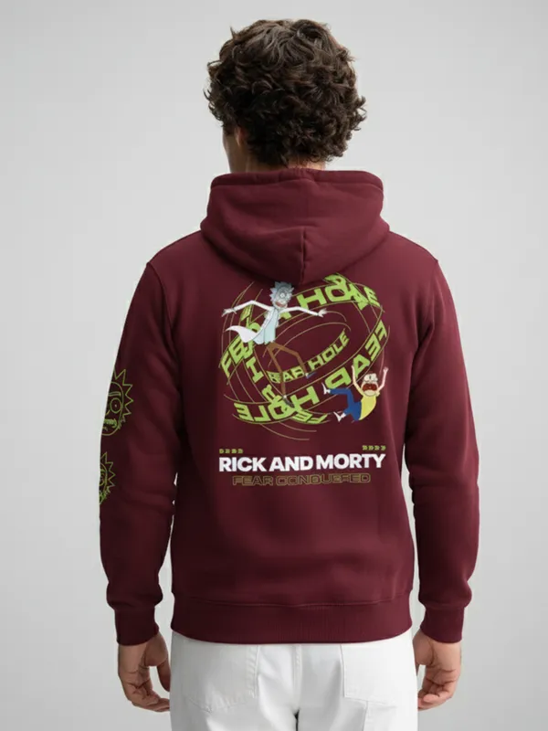 WB By Highlander Men Maroon Rick And Morty Hooded Pullover Sweatshirt