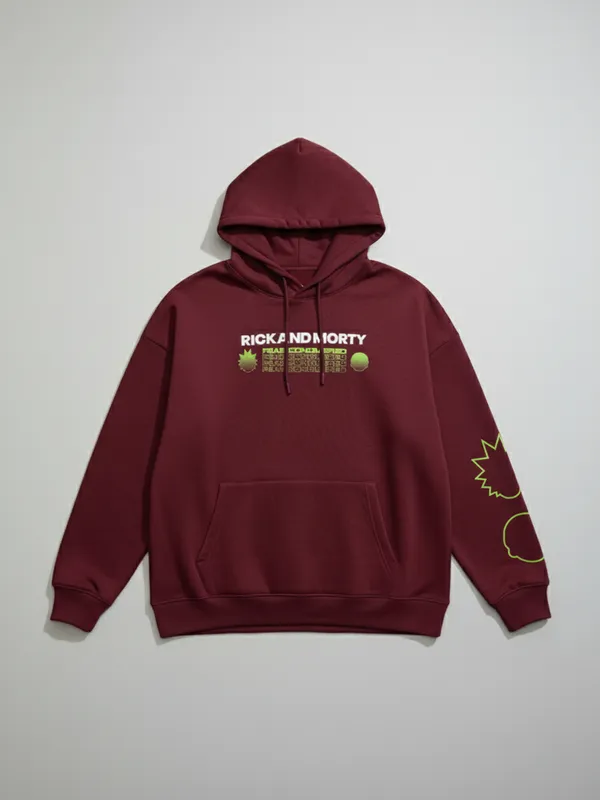 WB By Highlander Men Maroon Rick And Morty Hooded Pullover Sweatshirt