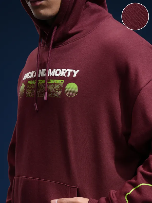 WB By Highlander Men Maroon Rick And Morty Hooded Pullover Sweatshirt