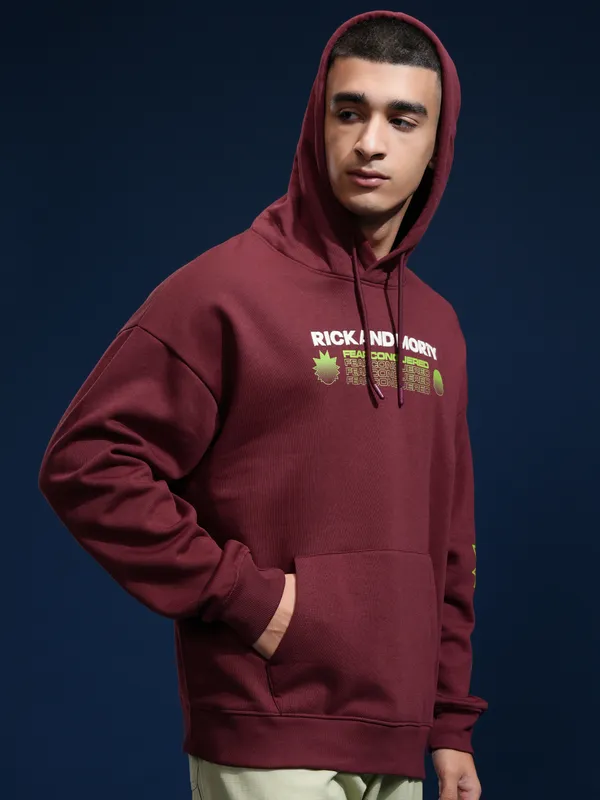 WB By Highlander Men Maroon Rick And Morty Hooded Pullover Sweatshirt