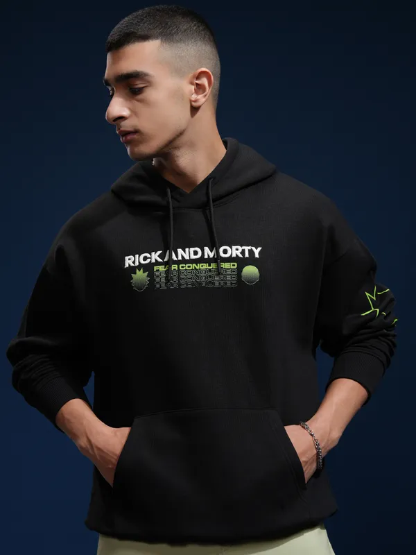 WB By Highlander Men Black Rick And Morty Hooded Pullover Sweatshirt