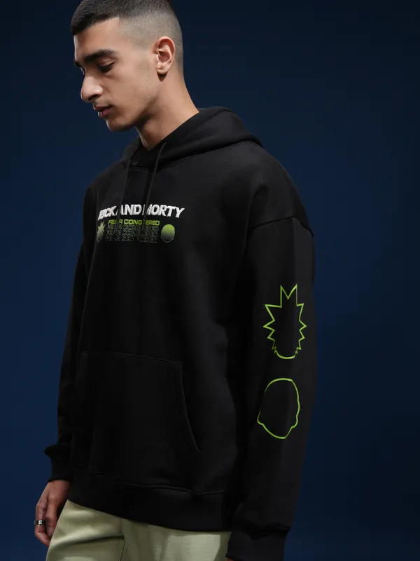 WB By Highlander Men Black Rick And Morty Hooded Pullover Sweatshirt