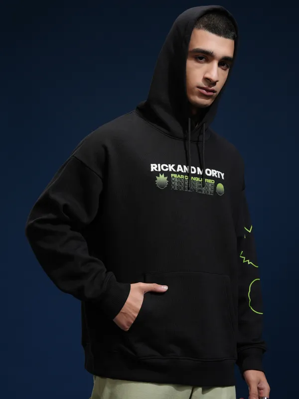 WB By Highlander Men Black Rick And Morty Hooded Pullover Sweatshirt