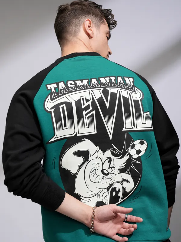 WB By Highlander Men Green Looney Tunes Round Neck Pullover Sweatshirt