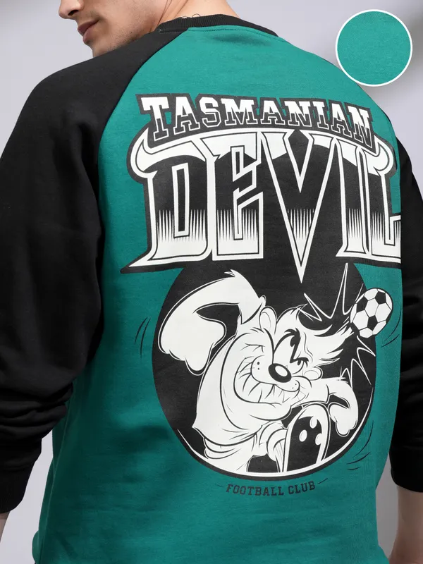 WB By Highlander Men Green Looney Tunes Round Neck Pullover Sweatshirt